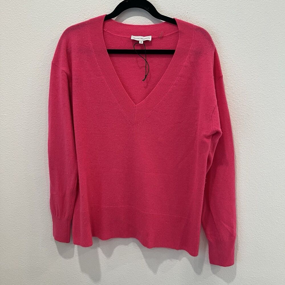 White + Warren Hot Pink Cashmere Sweater Size Medium  Preppy Quiet Luxury